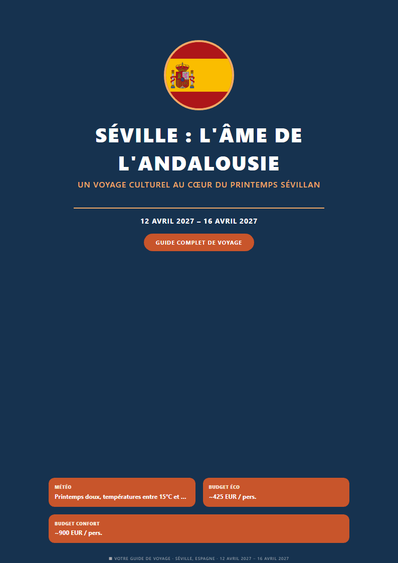 Itero.ai — couverture d'un guide de voyage généré (Séville)