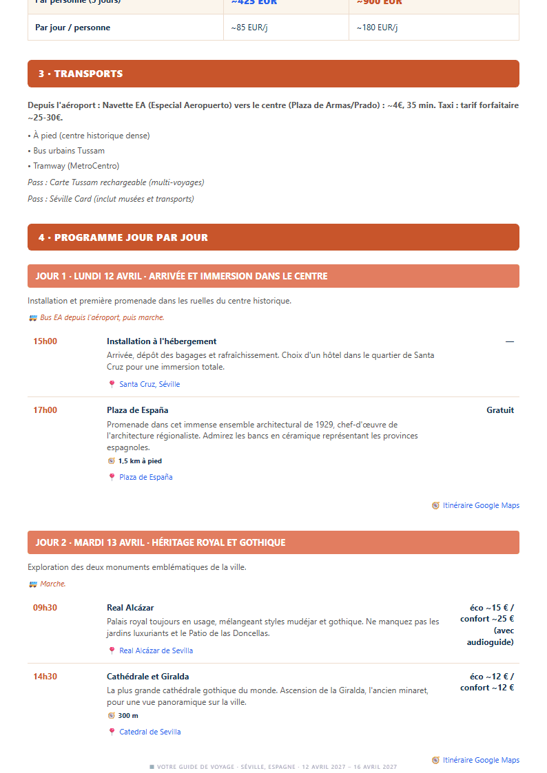 Programme jour par jour avec horaires, distances et liens Google Maps