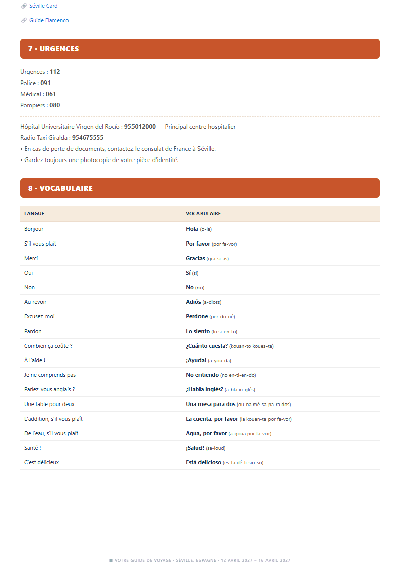 Section urgences et vocabulaire avec prononciation figurée