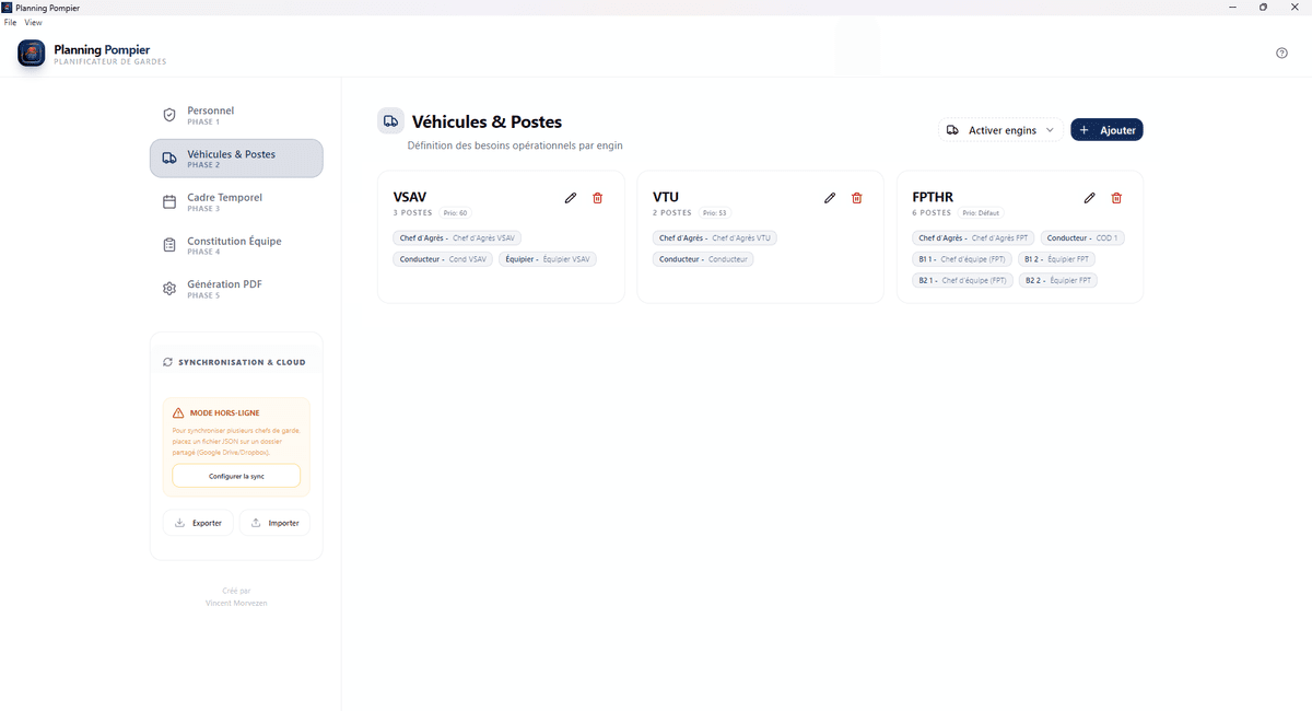 Planning Pompier — Véhicules & Postes