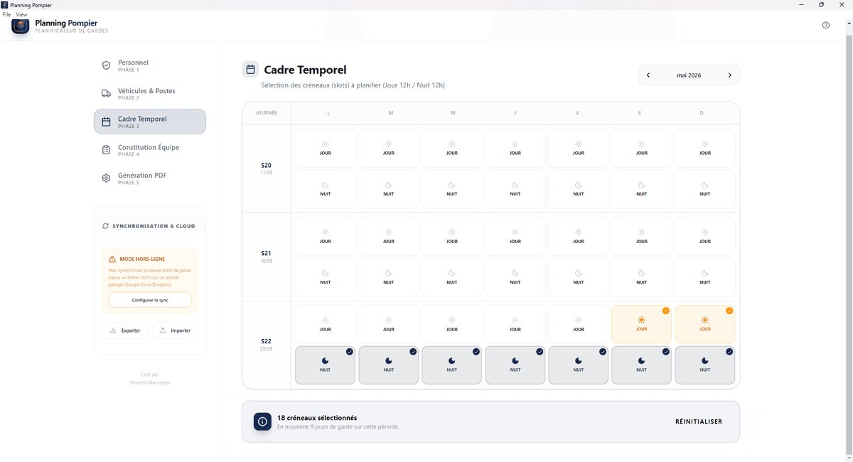 Planning Pompier — cadre temporel jour/nuit